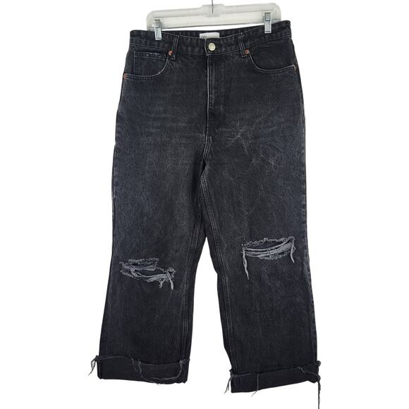Zara Denim - Zara Black Denim Wide Leg Open Knee Cropped Jeans Women's 12 Streetwear Academia